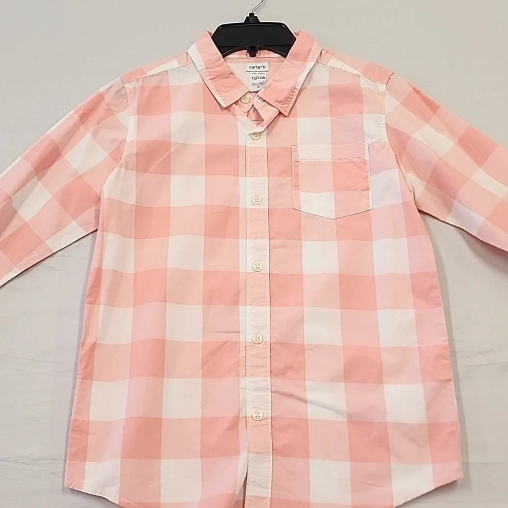 NWT Carter's Boy's Pink Checkered Kids Long Sleeve Button Front Shirt, sz 12-12A